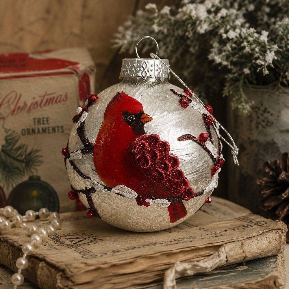 Vintage Hand Painted Frosted Glass Cardinal Christmas Ornament Glitter Berry 4”